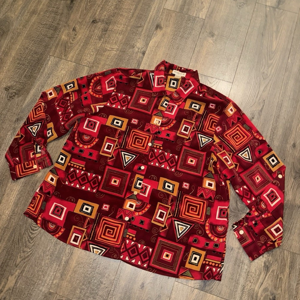 Vintage Notations Button Up Blouse Women 2X Red Geometric Long Sleeve 80s Retro - Picture 3 of 11